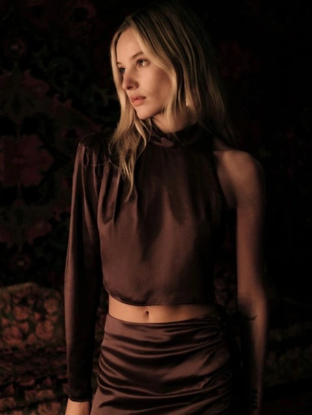 ZARA One-Shoulder Satin Crop Top Brown